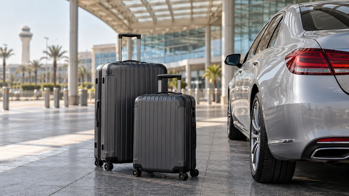 Two black travel cases beside the rear of a silver car outside a glass-fronted building