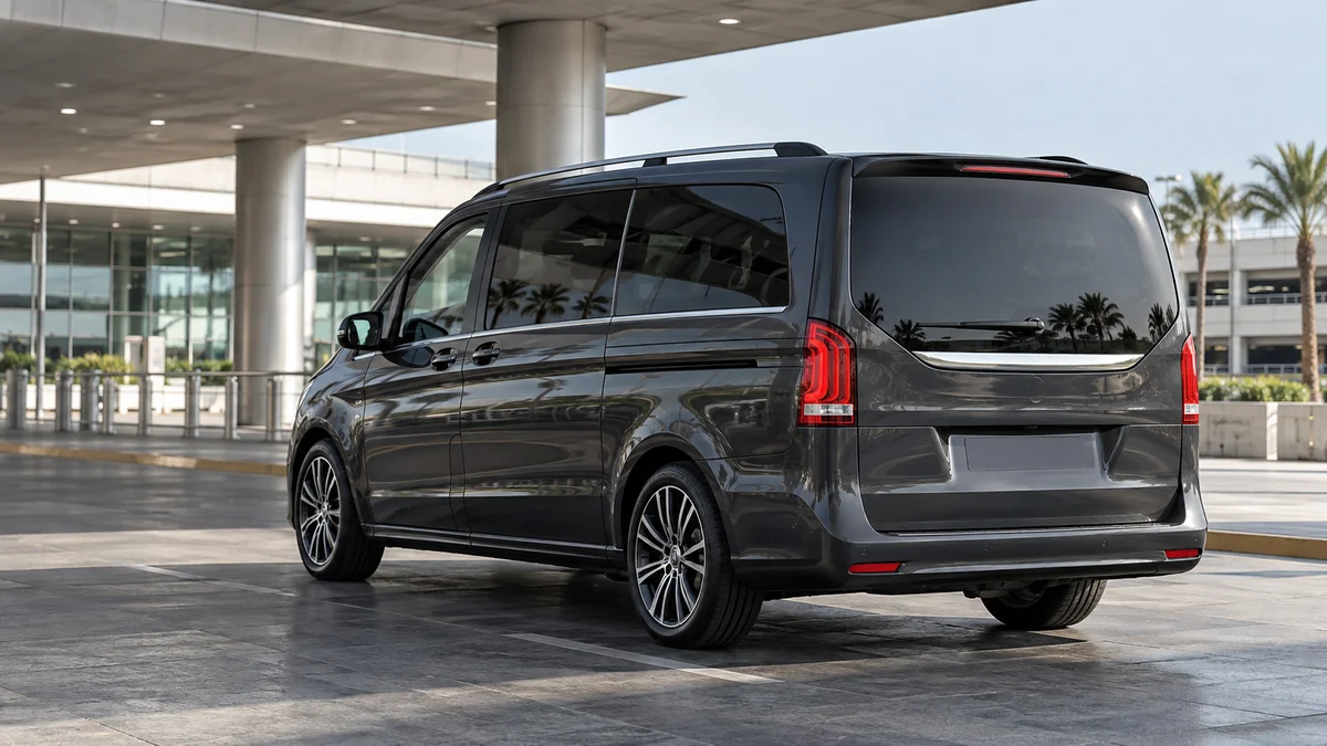 Graphite passenger van parked outside a glass-fronted building