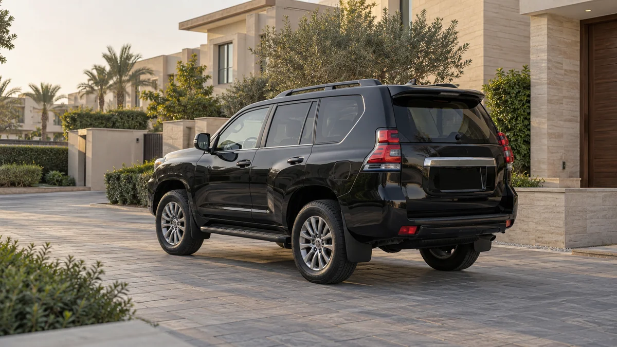 سيارة SUV سوداء متوقفة في ساحة سكنية واسعة